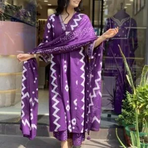 V-Neck Kurta Set: Cotton Anarkali Printed with Palazzo & Dupatta