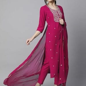 Embroidered Set: Cotton Blend Straight Kurta with Pant & Dupatta