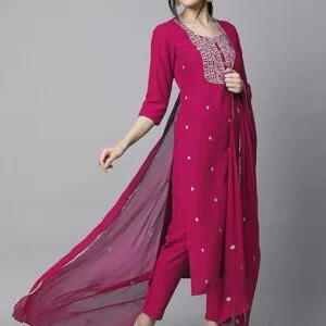Embroidered Set: Cotton Blend Straight Kurta with Pant & Dupatta