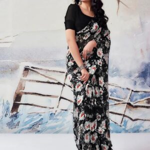 Georgette Saree: Printed Effortless Drape Satin Border Sari